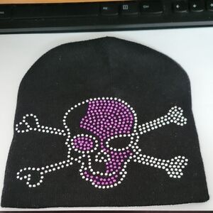Black Beanie with Pink & Silver Rhinestone Skull